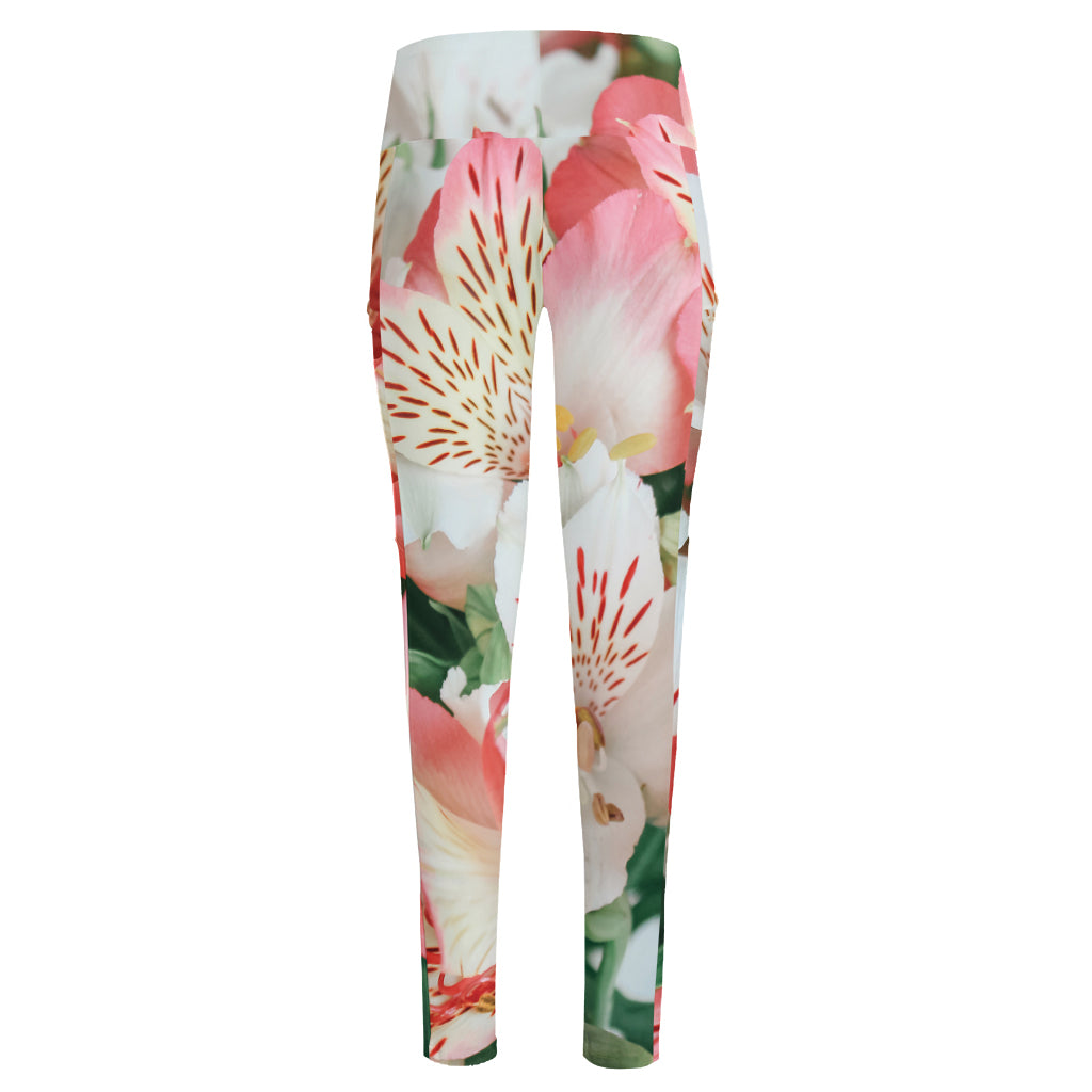 White And Pink Alstroemeria Print High-Waisted Pocket Leggings