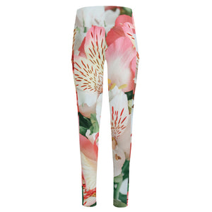 White And Pink Alstroemeria Print High-Waisted Pocket Leggings