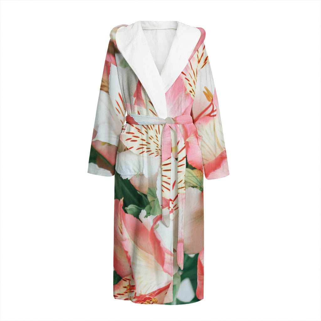 White And Pink Alstroemeria Print Hooded Bathrobe