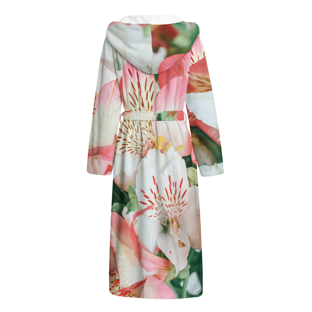 White And Pink Alstroemeria Print Hooded Bathrobe