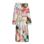 White And Pink Alstroemeria Print Hooded Bathrobe