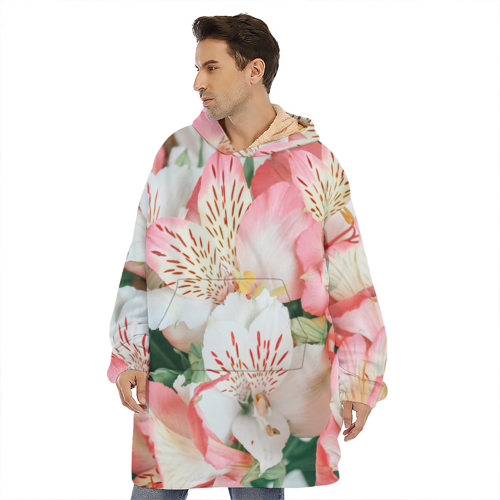 White And Pink Alstroemeria Print Hoodie Blanket