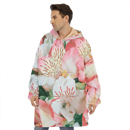 White And Pink Alstroemeria Print Hoodie Blanket
