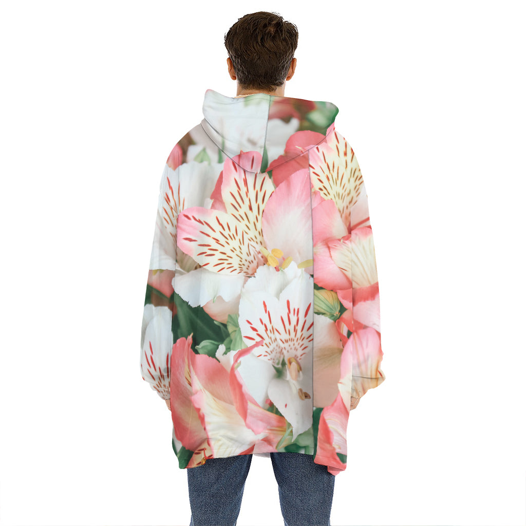White And Pink Alstroemeria Print Hoodie Blanket