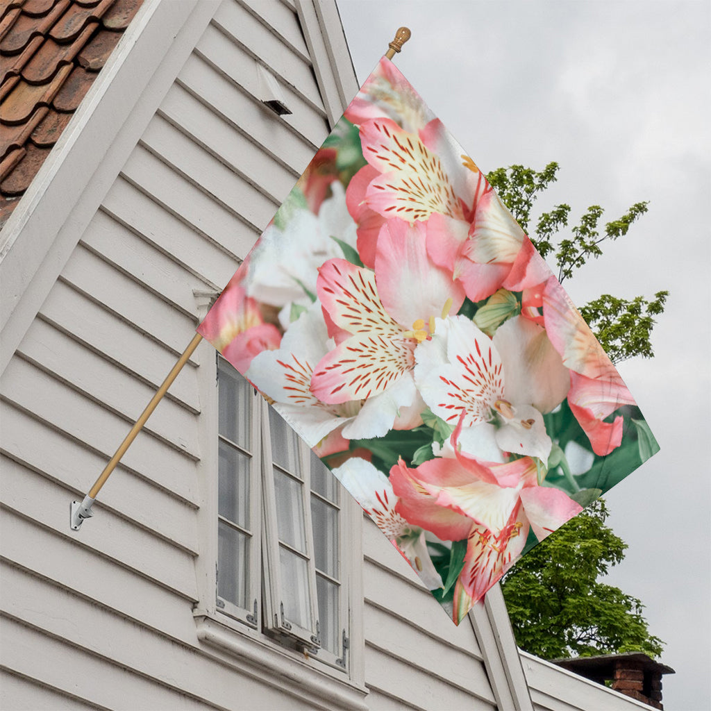 White And Pink Alstroemeria Print House Flag