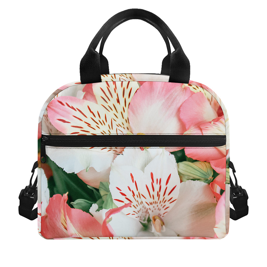 White And Pink Alstroemeria Print Insulated Lunch Bag