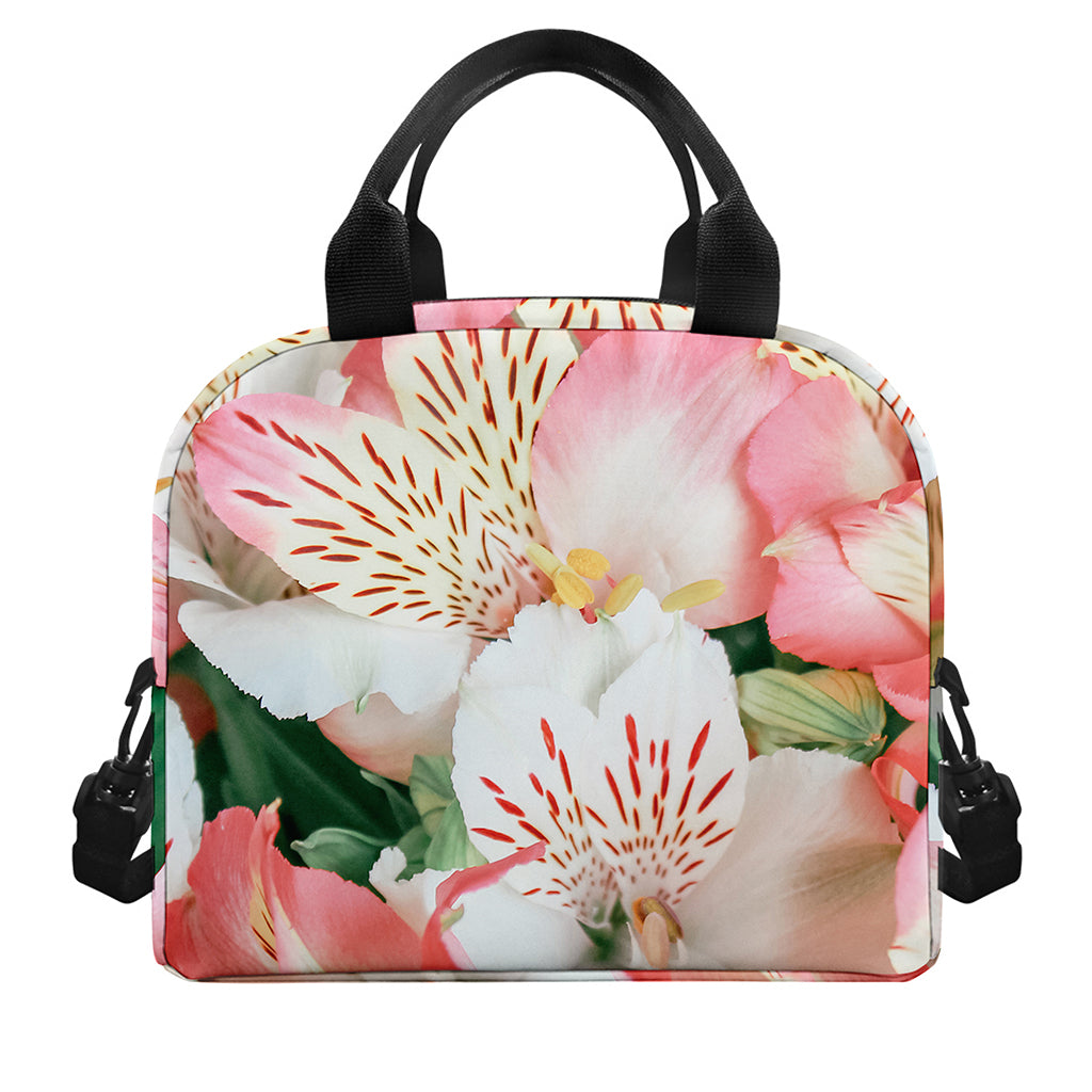 White And Pink Alstroemeria Print Insulated Lunch Bag