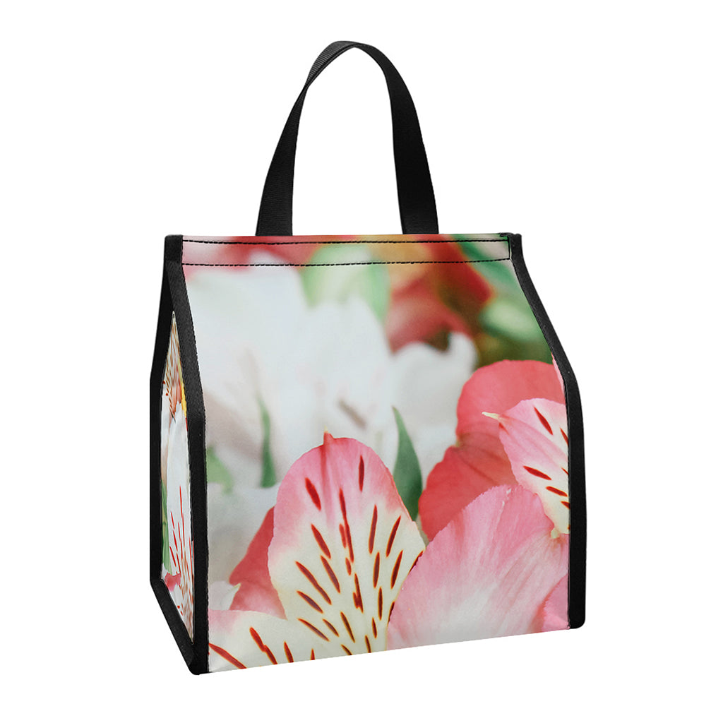 White And Pink Alstroemeria Print Insulated Lunch Tote