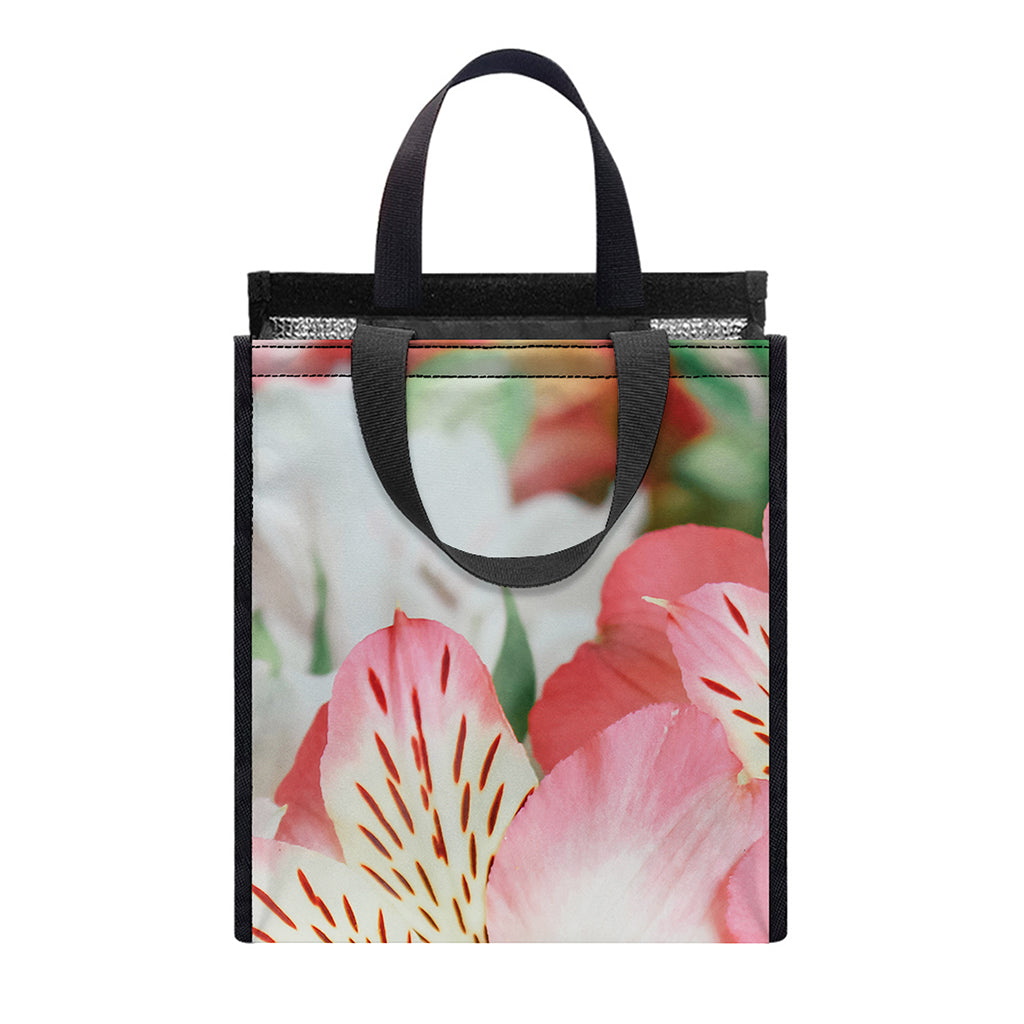 White And Pink Alstroemeria Print Insulated Lunch Tote