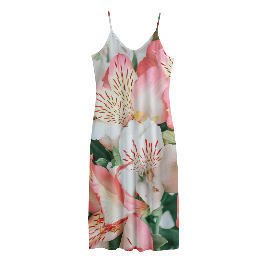 White And Pink Alstroemeria Print Jersey Midi Cami Dress