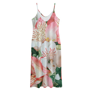 White And Pink Alstroemeria Print Jersey Midi Cami Dress