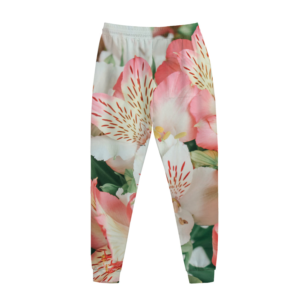 White And Pink Alstroemeria Print Jogger Pants