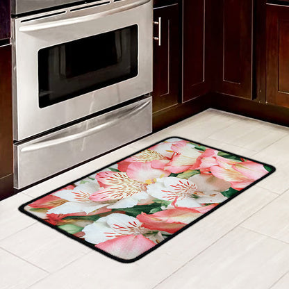White And Pink Alstroemeria Print Kitchen Mat