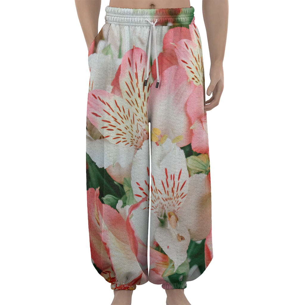 White And Pink Alstroemeria Print Lantern Pants