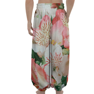 White And Pink Alstroemeria Print Lantern Pants