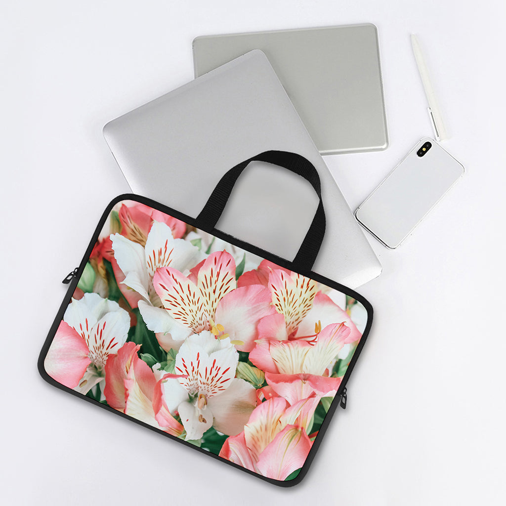 White And Pink Alstroemeria Print Laptop Sleeve With Handle