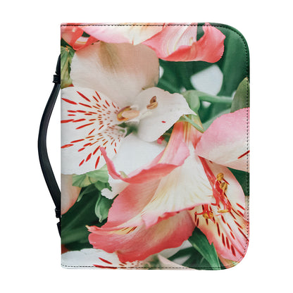 White And Pink Alstroemeria Print Leather Bible Cover