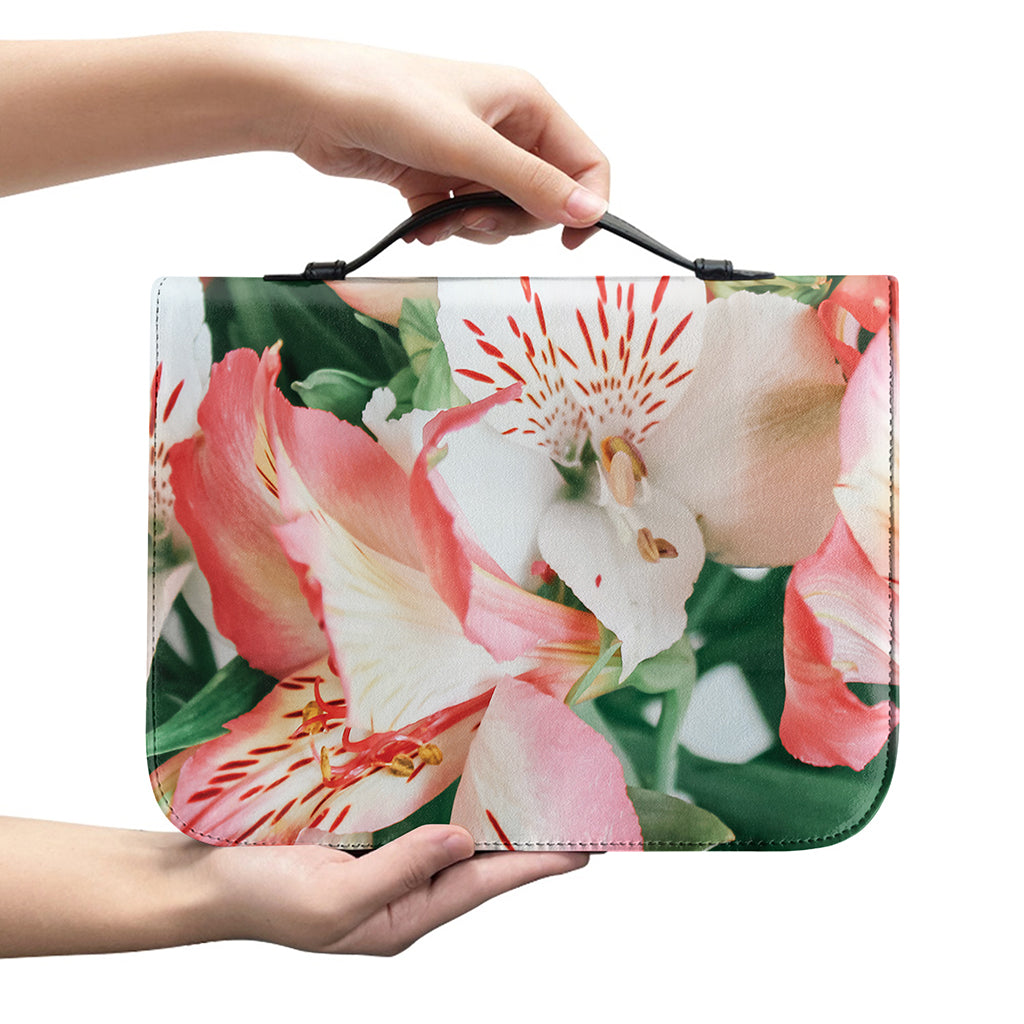 White And Pink Alstroemeria Print Leather Bible Cover