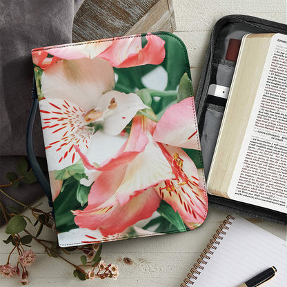 White And Pink Alstroemeria Print Leather Bible Cover