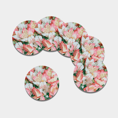 White And Pink Alstroemeria Print Leather Coaster Set
