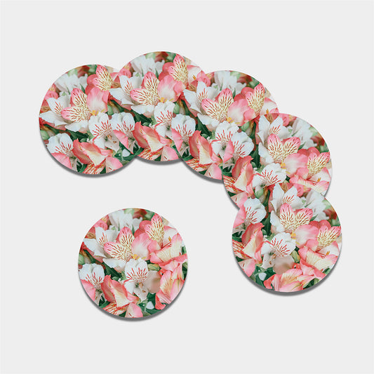 White And Pink Alstroemeria Print Leather Coaster Set