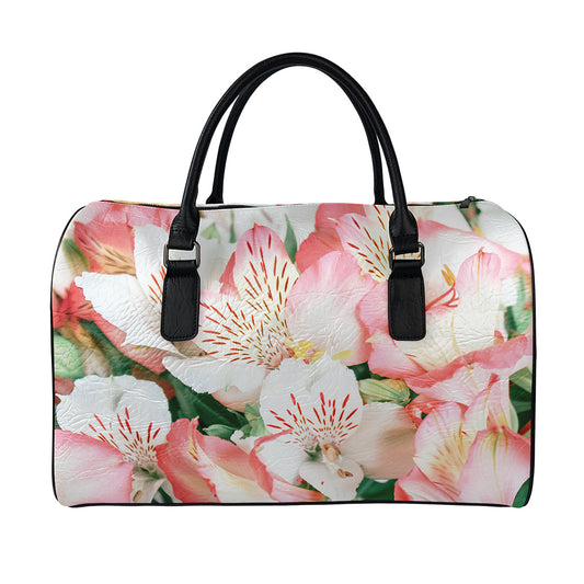 White And Pink Alstroemeria Print Leather Duffle Bag