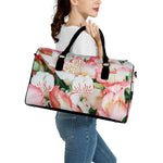 White And Pink Alstroemeria Print Leather Duffle Bag