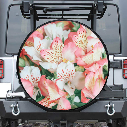 White And Pink Alstroemeria Print Leather Spare Tire Cover