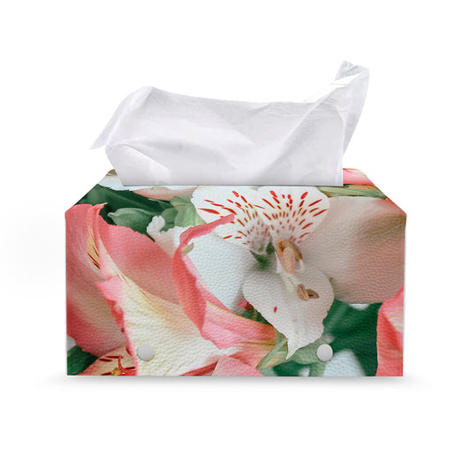 White And Pink Alstroemeria Print Leather Tissue Box Cover