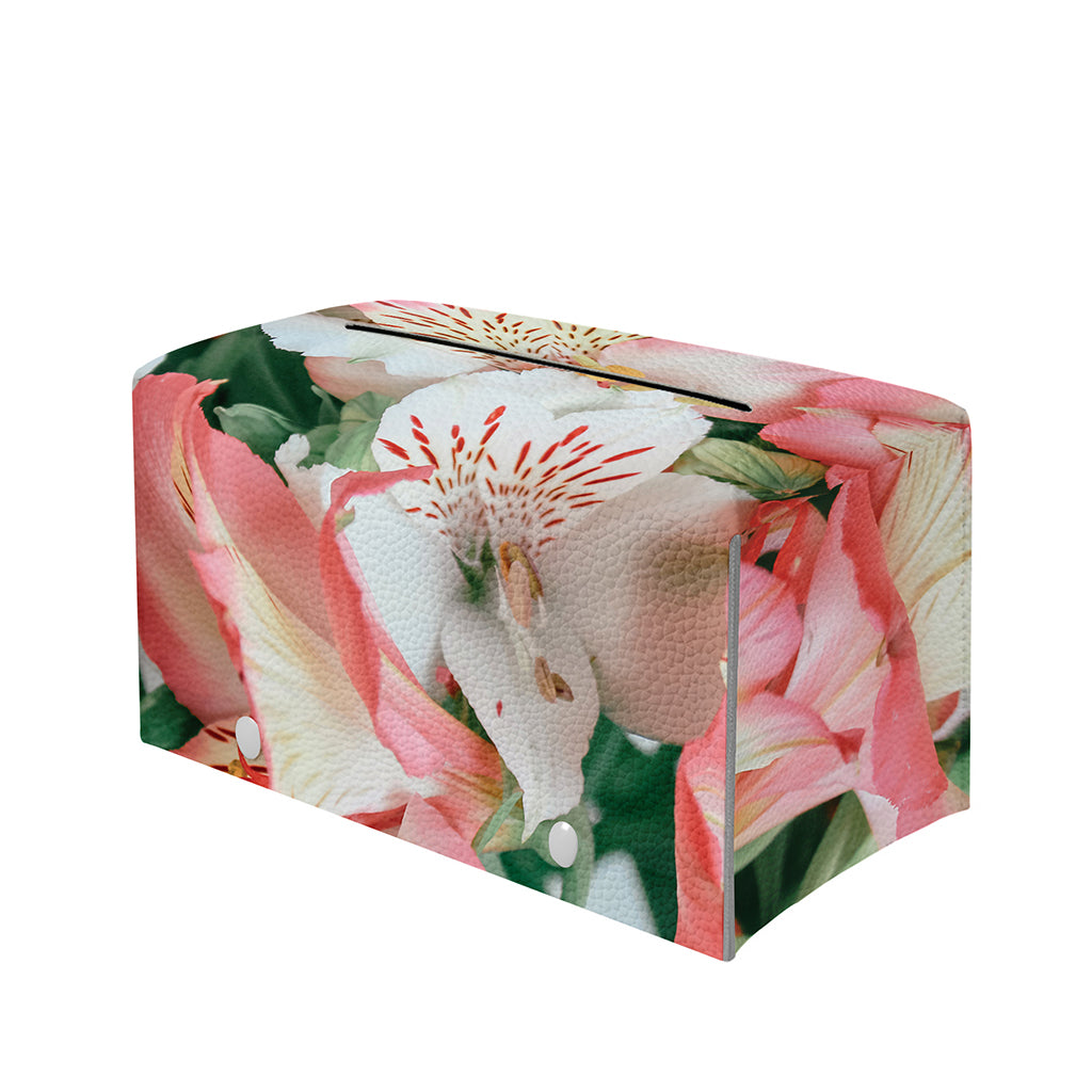 White And Pink Alstroemeria Print Leather Tissue Box Cover