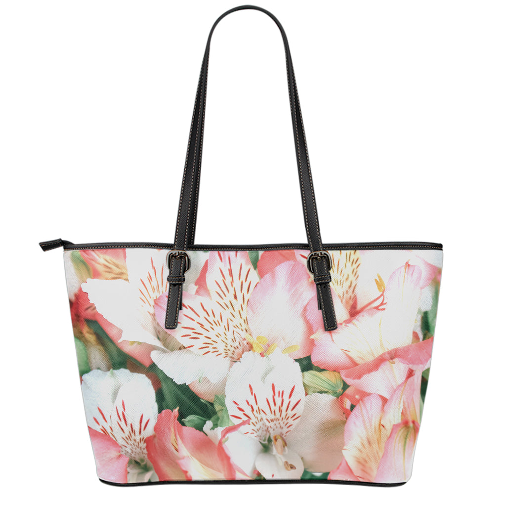 White And Pink Alstroemeria Print Leather Tote Bag