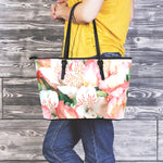 White And Pink Alstroemeria Print Leather Tote Bag