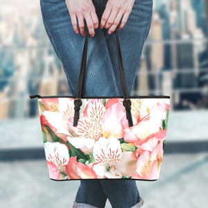 White And Pink Alstroemeria Print Leather Tote Bag