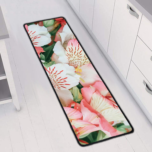 White And Pink Alstroemeria Print Long Kitchen Mat