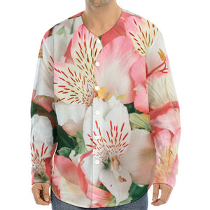 White And Pink Alstroemeria Print Long Sleeve Baseball Jersey