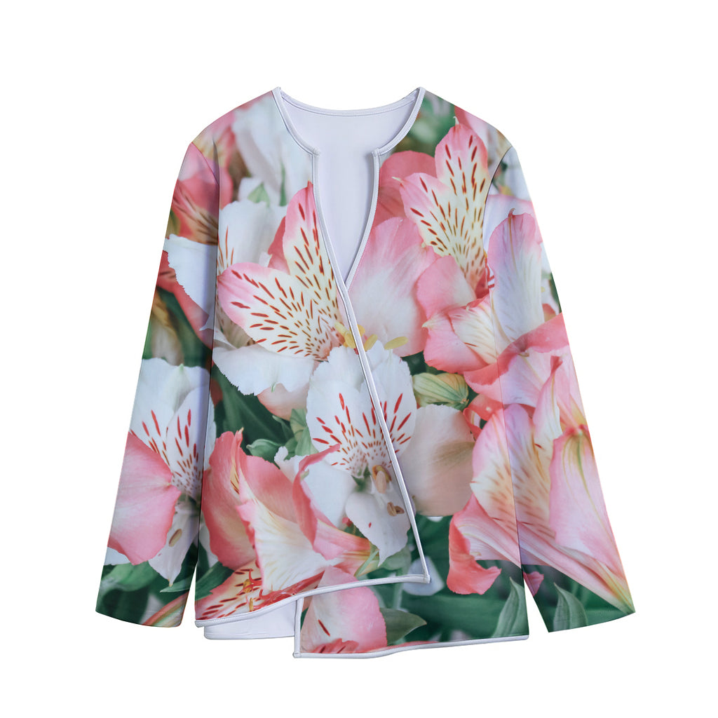 White And Pink Alstroemeria Print Long Sleeve Short Coat