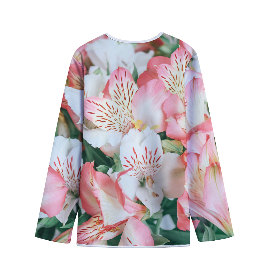 White And Pink Alstroemeria Print Long Sleeve Short Coat