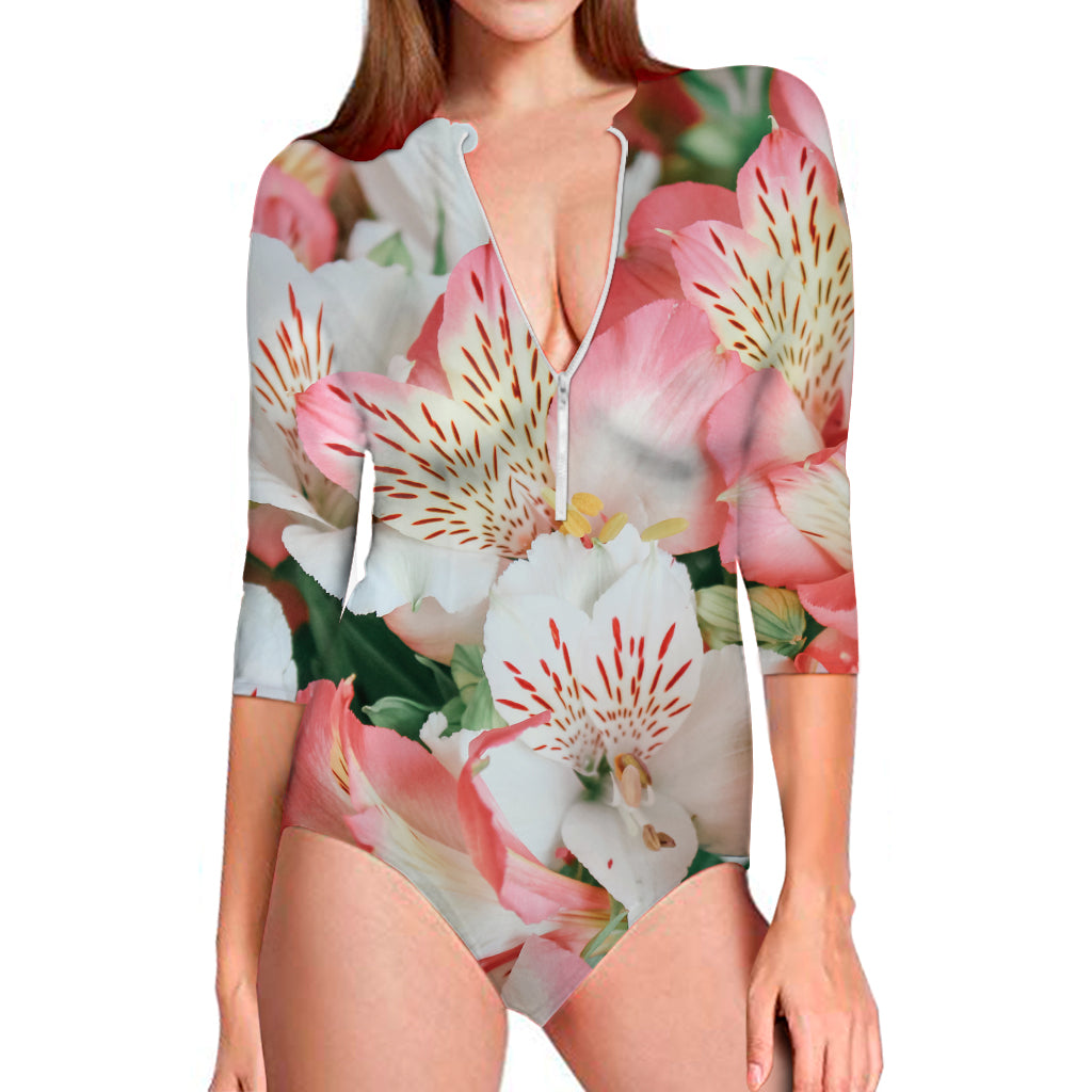 White And Pink Alstroemeria Print Long Sleeve Swimsuit