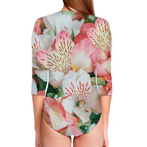 White And Pink Alstroemeria Print Long Sleeve Swimsuit