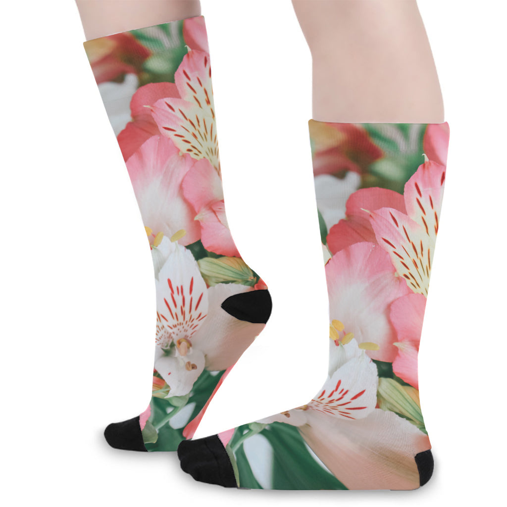 White And Pink Alstroemeria Print Long Socks