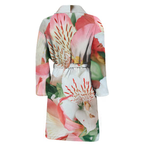 White And Pink Alstroemeria Print Men's Bathrobe