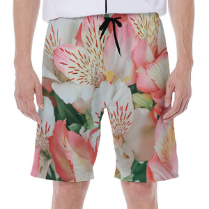 White And Pink Alstroemeria Print Men's Beach Shorts