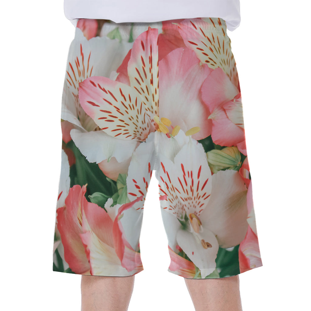 White And Pink Alstroemeria Print Men's Beach Shorts