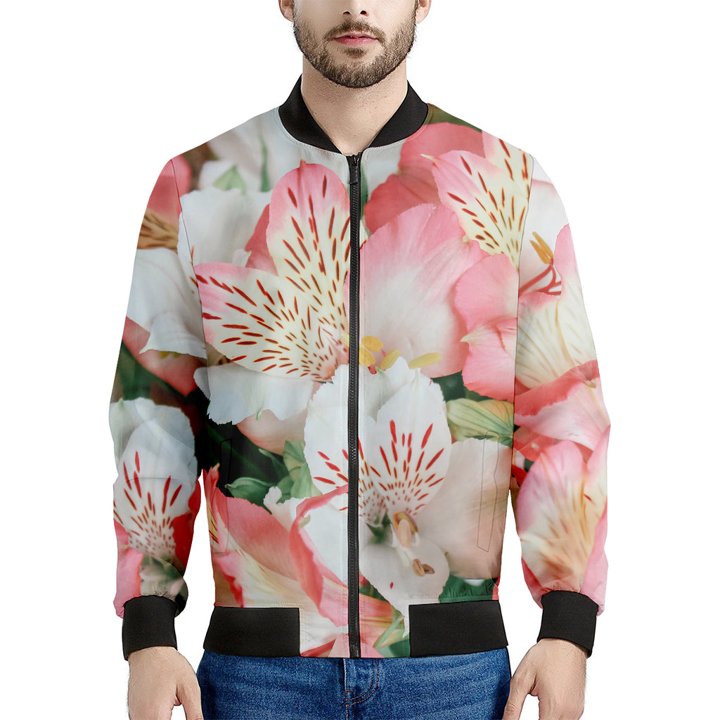 White And Pink Alstroemeria Print Men's Bomber Jacket