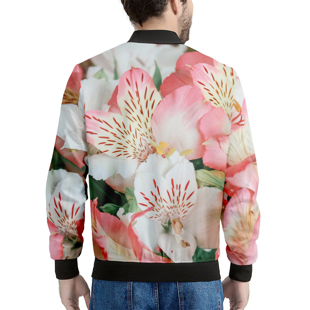 White And Pink Alstroemeria Print Men's Bomber Jacket