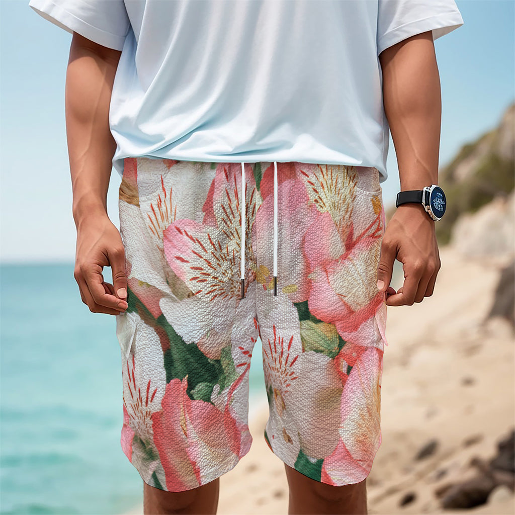 White And Pink Alstroemeria Print Men's Cargo Shorts