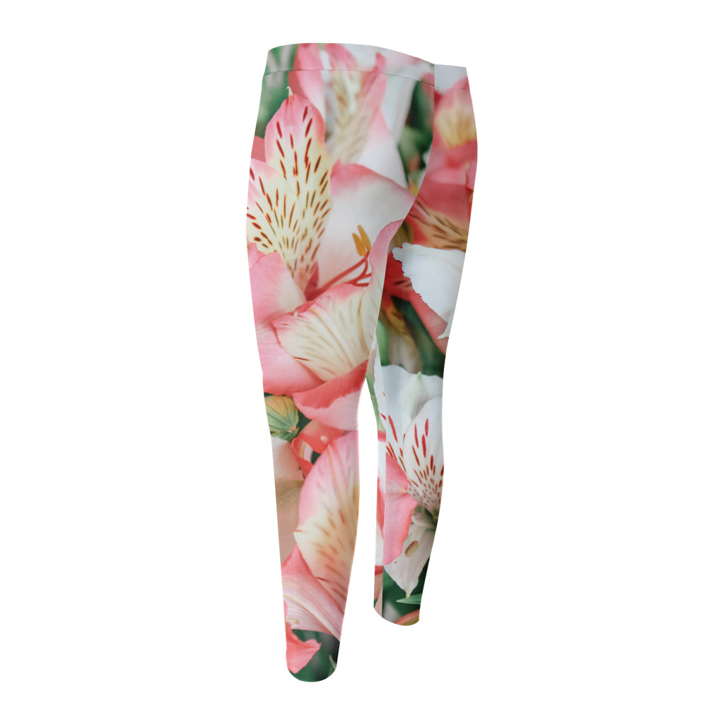 White And Pink Alstroemeria Print Men's Compression Pants