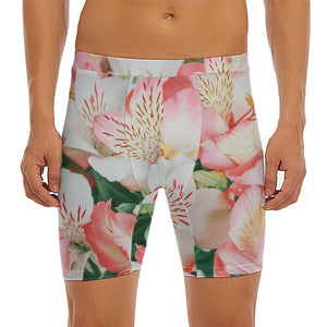 White And Pink Alstroemeria Print Men's Long Boxer Briefs