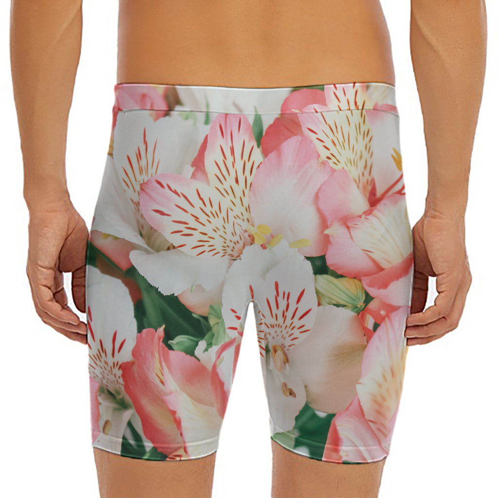 White And Pink Alstroemeria Print Men's Long Boxer Briefs