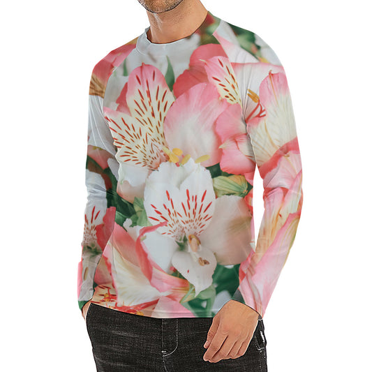White And Pink Alstroemeria Print Men's Long Sleeve Rash Guard